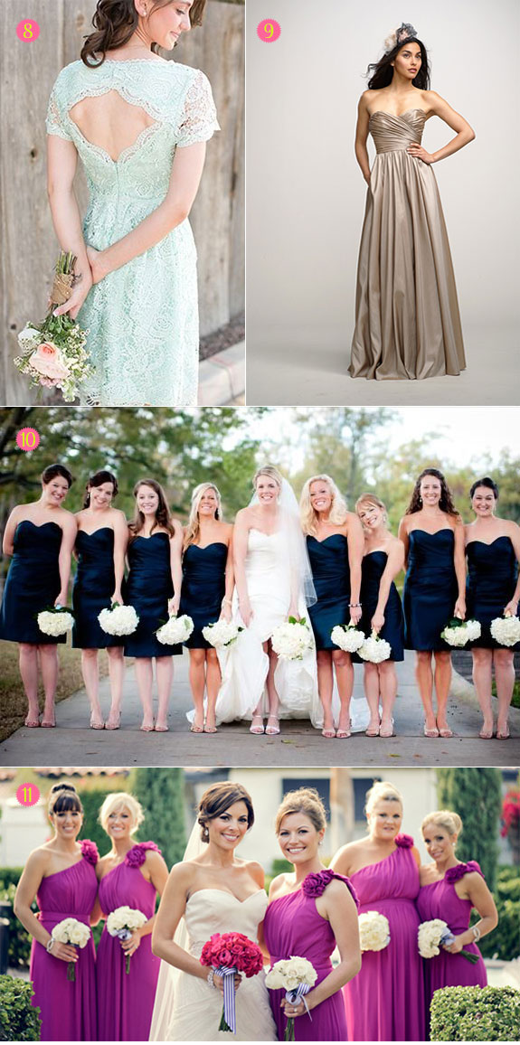 Bridesmaid dresses popular styles for summer that are asymmetrical, all-lace, and knee-length