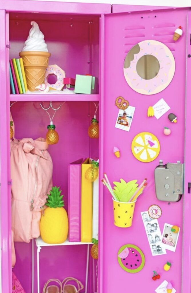 DIY locker decorations on a hot pink locker