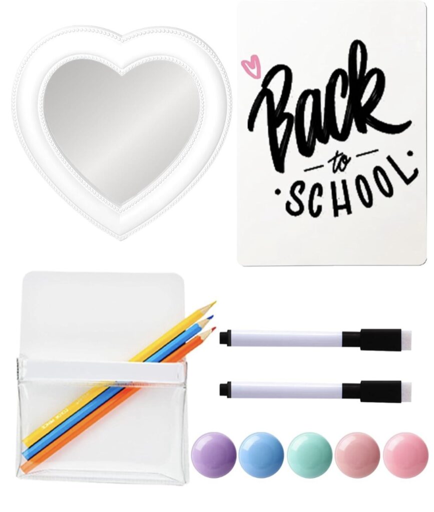 miniature dry-erase whiteboard, a magnetic organizer/pen holder, 2 dry-erase pens, 5 colorful locker magnets…and yes, a heart-shaped magnetic mirror