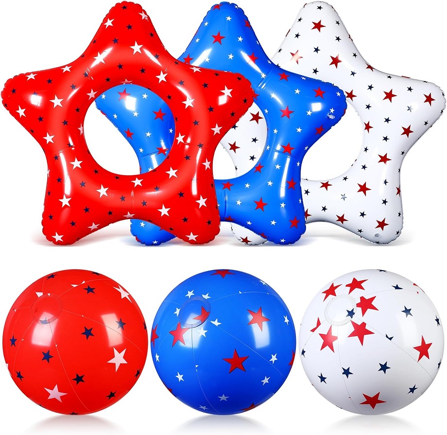 Red, white, and blue beach balls and stars