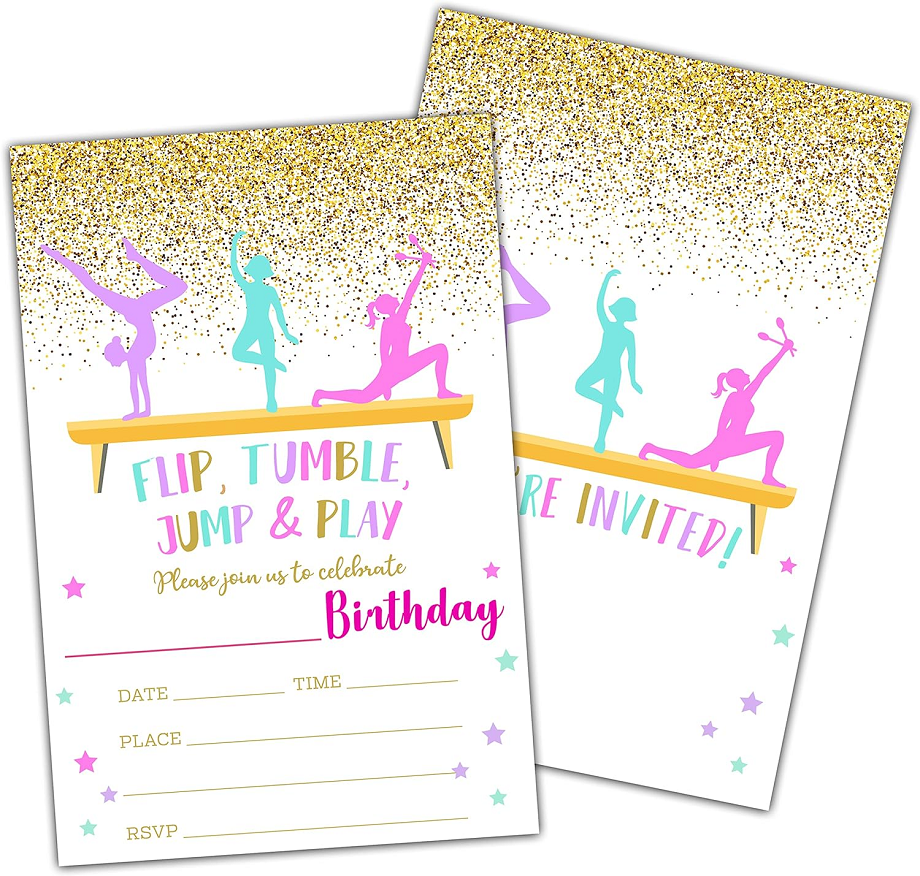 gymnastics invitation with gold glitter via Amazon